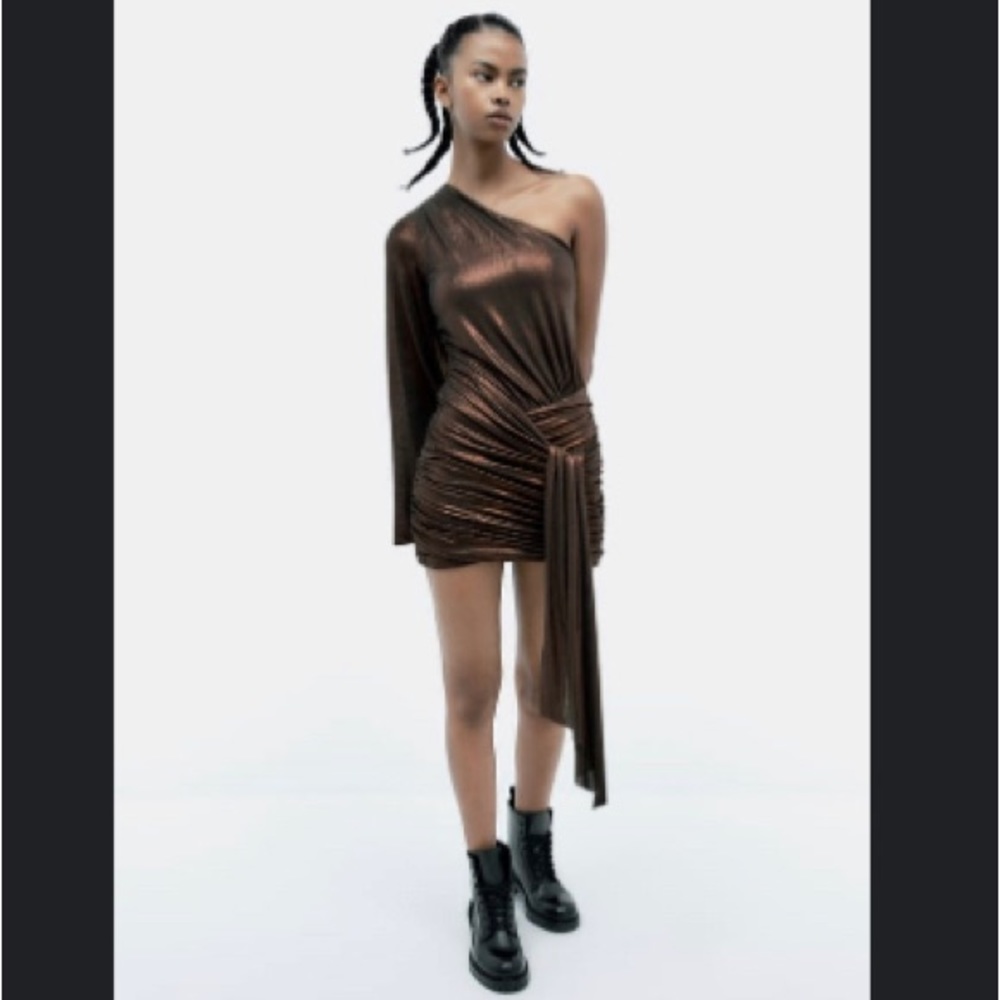 Zara Asymmetrical Brown Shimmer Ruched Bodycon Dress Size Small